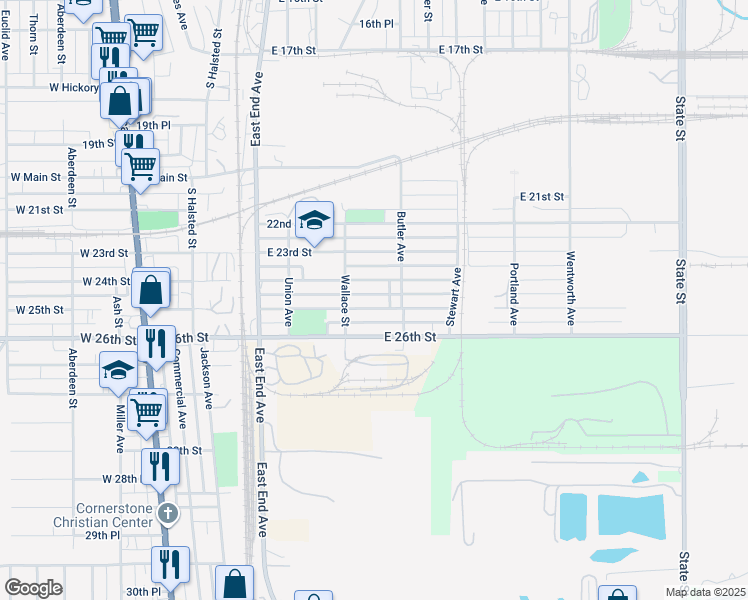 map of restaurants, bars, coffee shops, grocery stores, and more near 180 East 24th Street in Chicago Heights