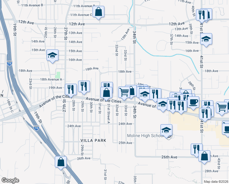 map of restaurants, bars, coffee shops, grocery stores, and more near 1917 32nd Street in Moline