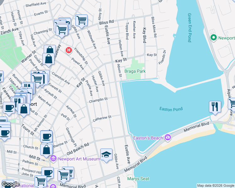 map of restaurants, bars, coffee shops, grocery stores, and more near 130 Eustis Avenue in Newport