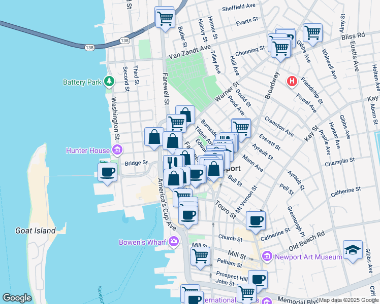 map of restaurants, bars, coffee shops, grocery stores, and more near 43 Farewell Street in Newport