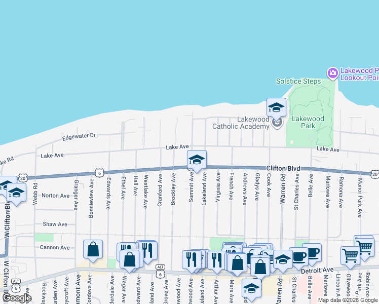 map of restaurants, bars, coffee shops, grocery stores, and more near 15623 Lake Avenue in Lakewood