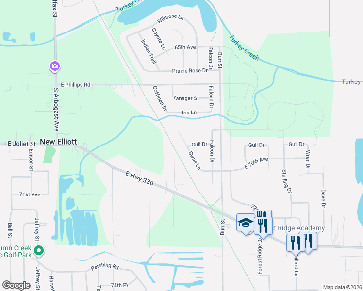 map of restaurants, bars, coffee shops, grocery stores, and more near 6844 Swan Lane in Schererville
