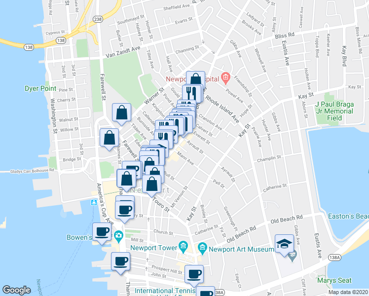 map of restaurants, bars, coffee shops, grocery stores, and more near 10 Kilburn Court in Newport