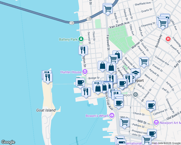 map of restaurants, bars, coffee shops, grocery stores, and more near 41 Elm Street in Newport