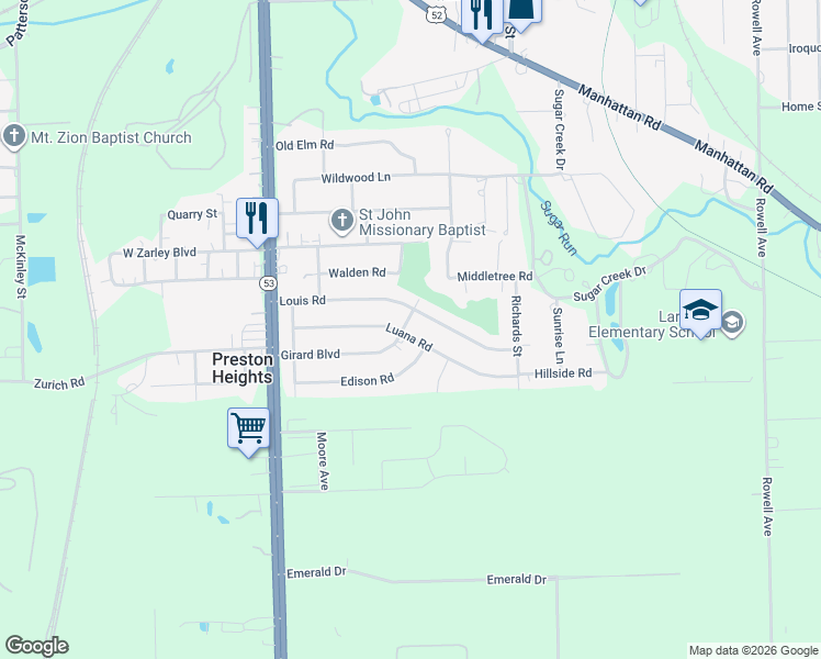 map of restaurants, bars, coffee shops, grocery stores, and more near 123 Luana Road in Joliet