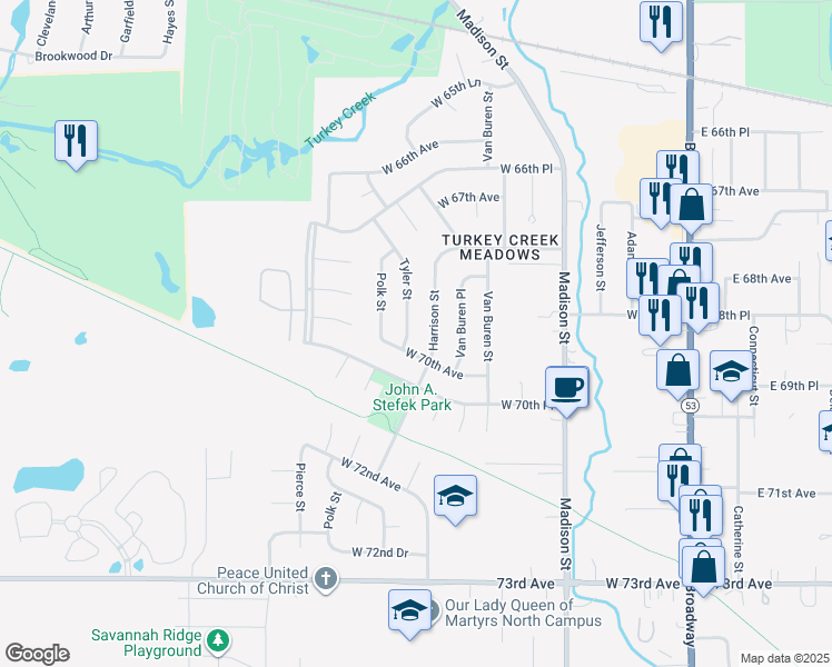 map of restaurants, bars, coffee shops, grocery stores, and more near 6913 Tyler Street in Merrillville