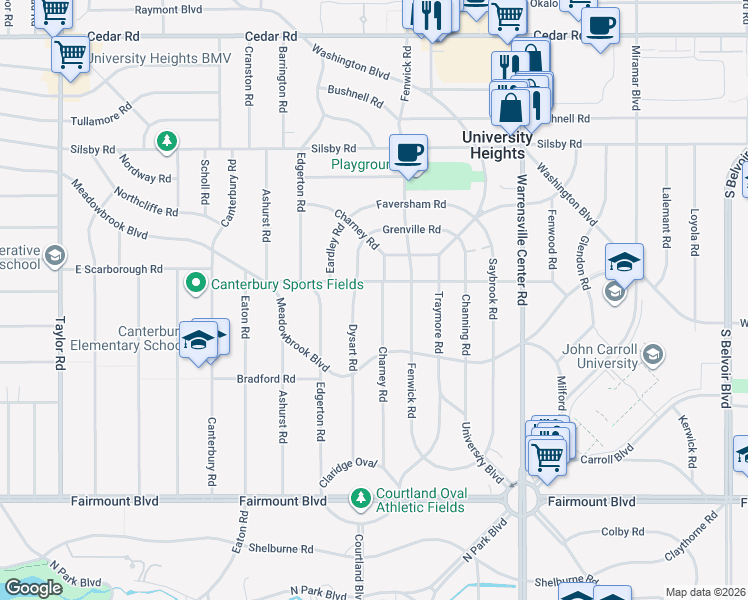 map of restaurants, bars, coffee shops, grocery stores, and more near 2443 Dysart Road in University Heights