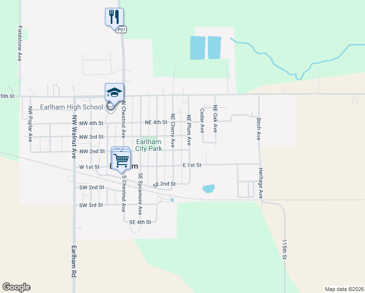 map of restaurants, bars, coffee shops, grocery stores, and more near 445 Northeast 2nd Street in Earlham