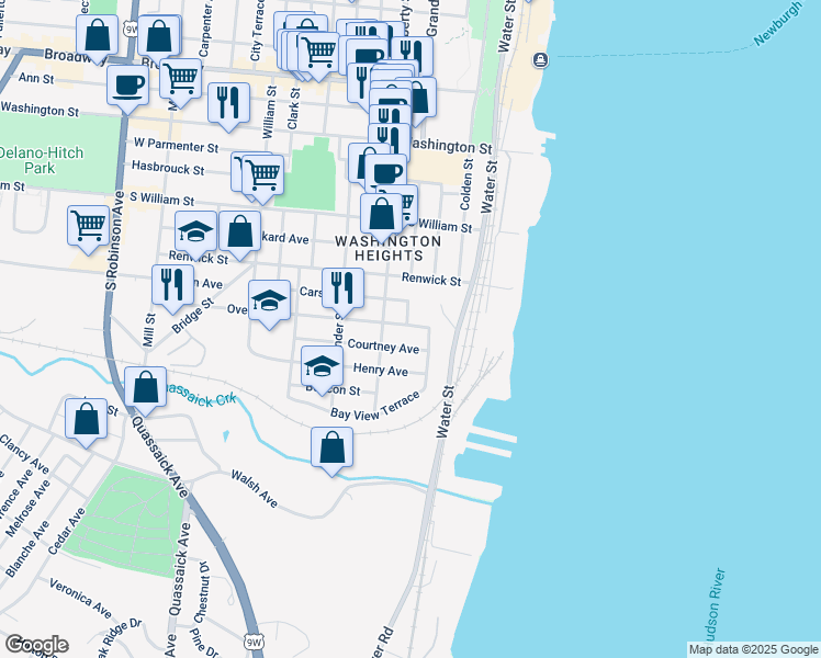map of restaurants, bars, coffee shops, grocery stores, and more near 8 Overlook Place in Newburgh
