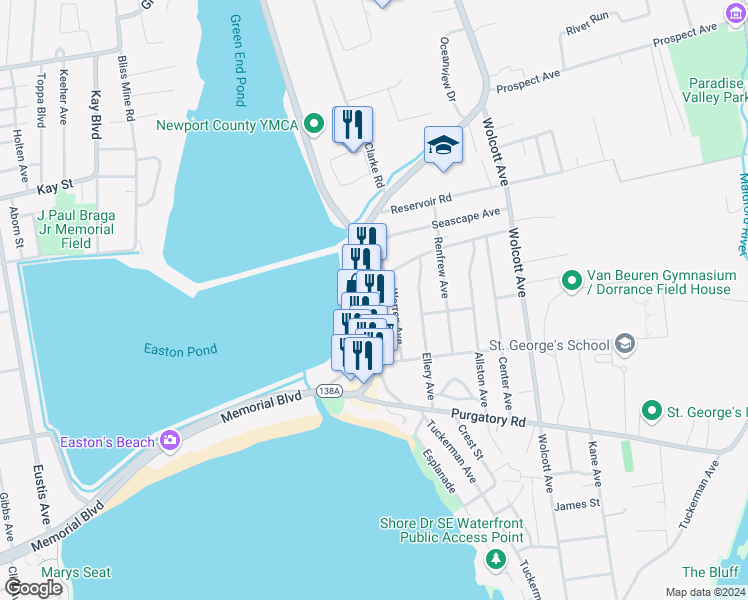 map of restaurants, bars, coffee shops, grocery stores, and more near 119 Aquidneck Avenue in Middletown