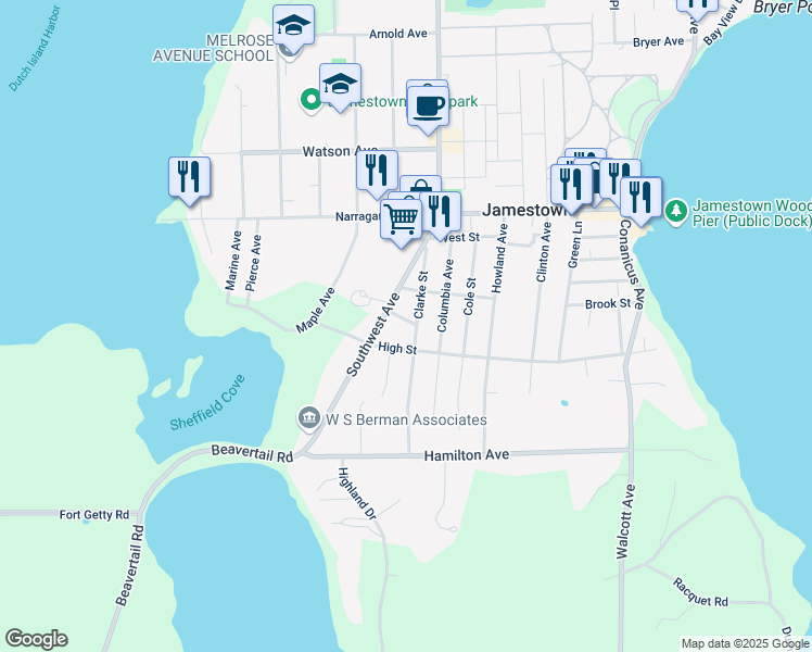 map of restaurants, bars, coffee shops, grocery stores, and more near 7 Anthem Street in Jamestown