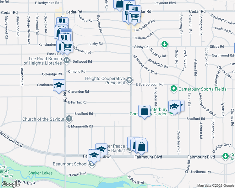 map of restaurants, bars, coffee shops, grocery stores, and more near 3390 Clarendon Road in Cleveland Heights