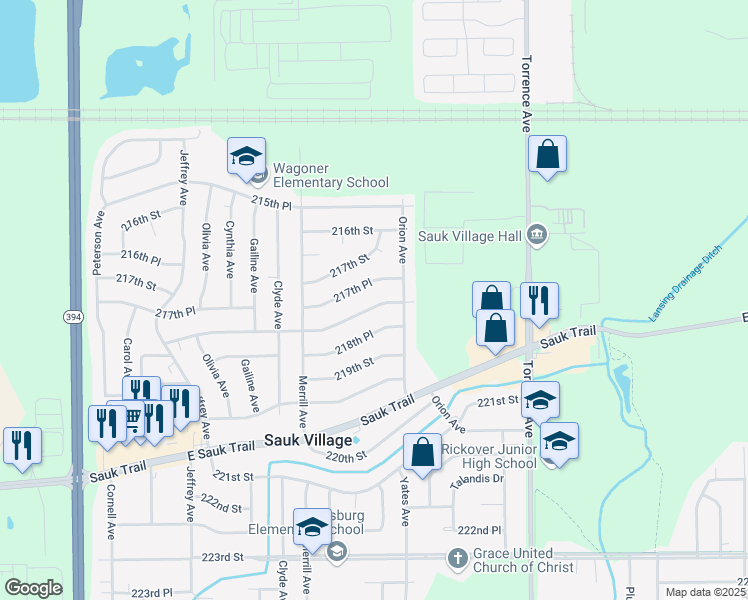 map of restaurants, bars, coffee shops, grocery stores, and more near 2123 218th Street in Sauk Village