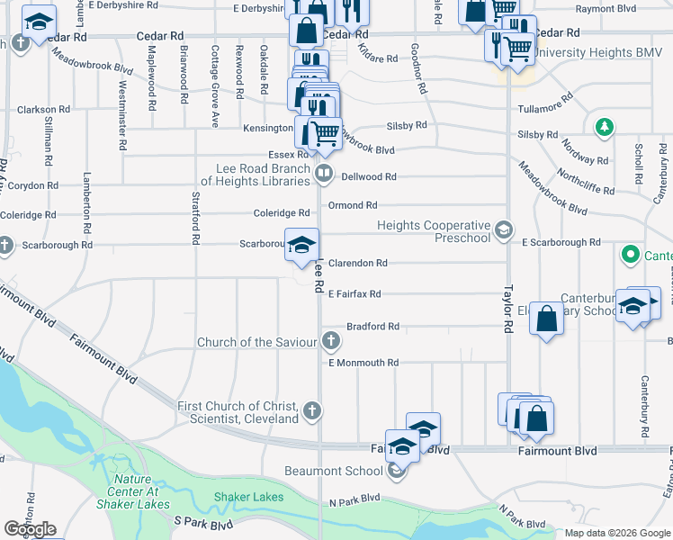 map of restaurants, bars, coffee shops, grocery stores, and more near 3226 Clarendon Road in Cleveland Heights