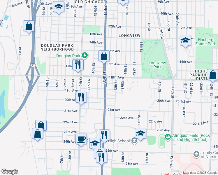 map of restaurants, bars, coffee shops, grocery stores, and more near 1111 19th Ave in Rock Island
