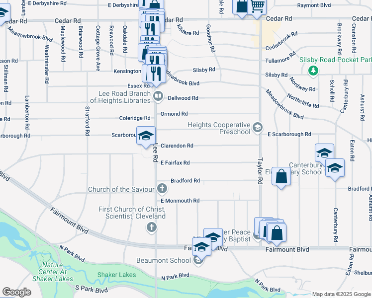 map of restaurants, bars, coffee shops, grocery stores, and more near 3268 Clarendon Road in Cleveland Heights