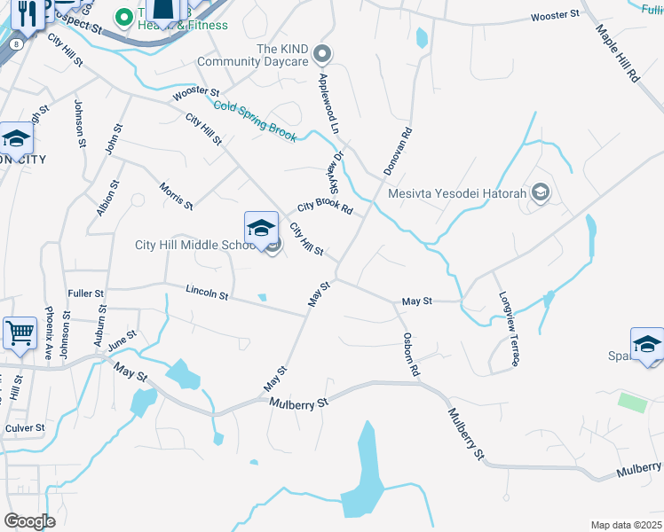 map of restaurants, bars, coffee shops, grocery stores, and more near 641 City Hill Street in Naugatuck