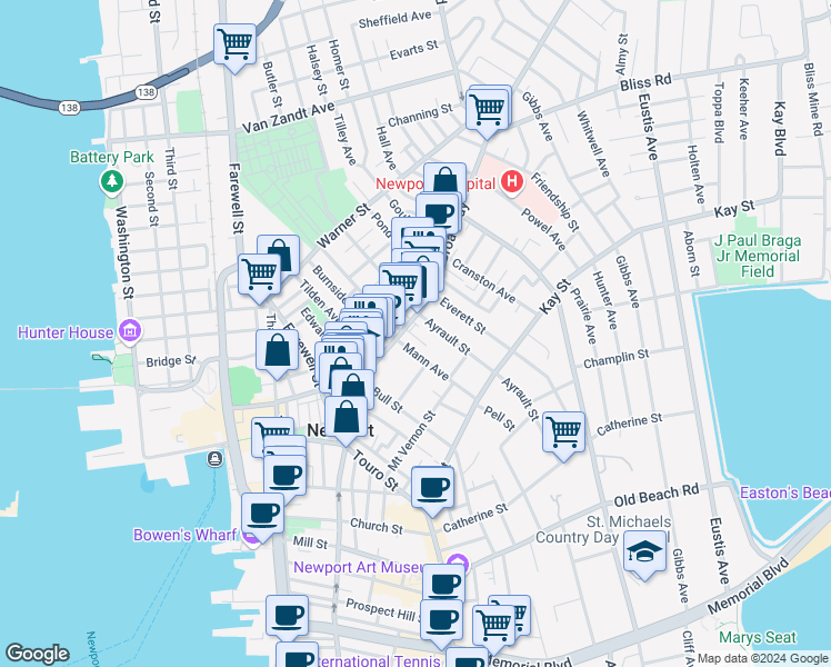 map of restaurants, bars, coffee shops, grocery stores, and more near 14 Kilburn Court in Newport