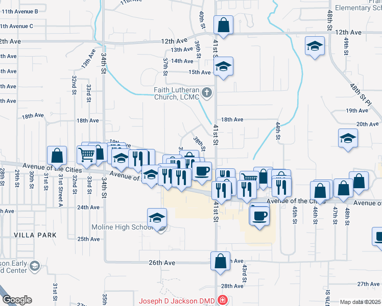 map of restaurants, bars, coffee shops, grocery stores, and more near 3713 19th Avenue in Moline