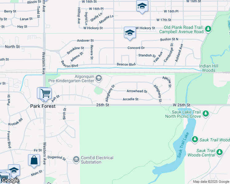 map of restaurants, bars, coffee shops, grocery stores, and more near 223 Arrowhead Street in Park Forest