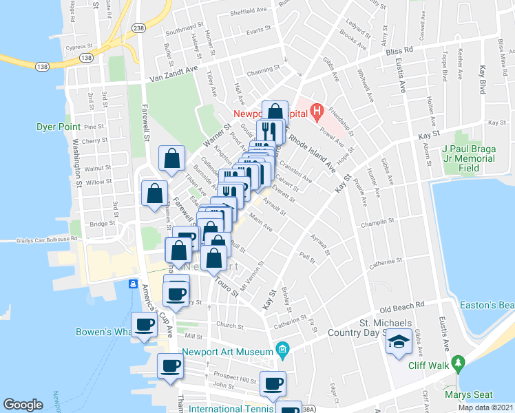 map of restaurants, bars, coffee shops, grocery stores, and more near 105 Broadway in Newport