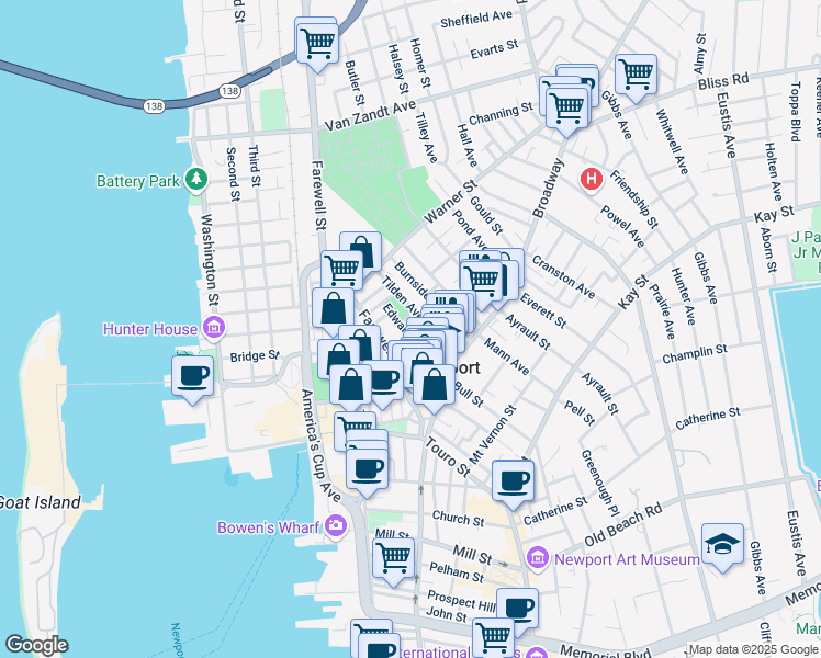 map of restaurants, bars, coffee shops, grocery stores, and more near 24 Tilden Avenue in Newport