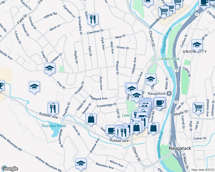 map of restaurants, bars, coffee shops, grocery stores, and more near 37 Dunn Avenue in Naugatuck