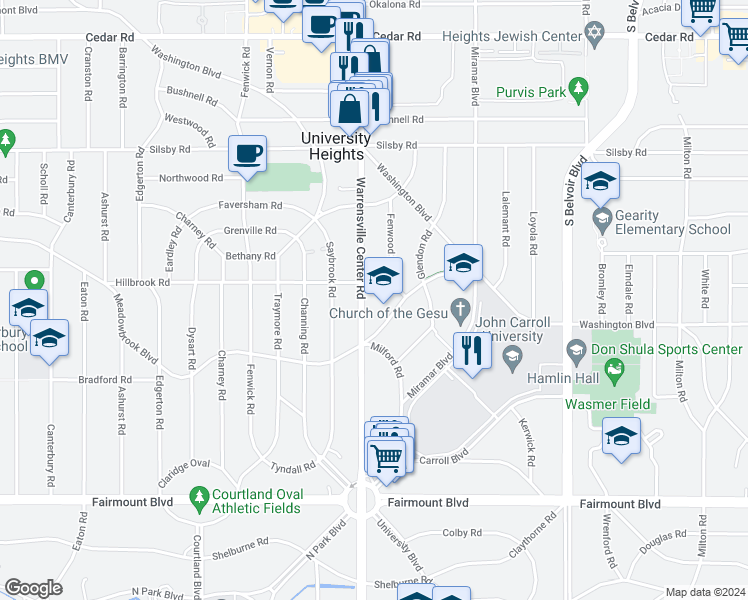 map of restaurants, bars, coffee shops, grocery stores, and more near 2451 Warrensville Center Road in University Heights
