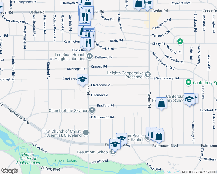 map of restaurants, bars, coffee shops, grocery stores, and more near 3268 Clarendon Road in Cleveland Heights