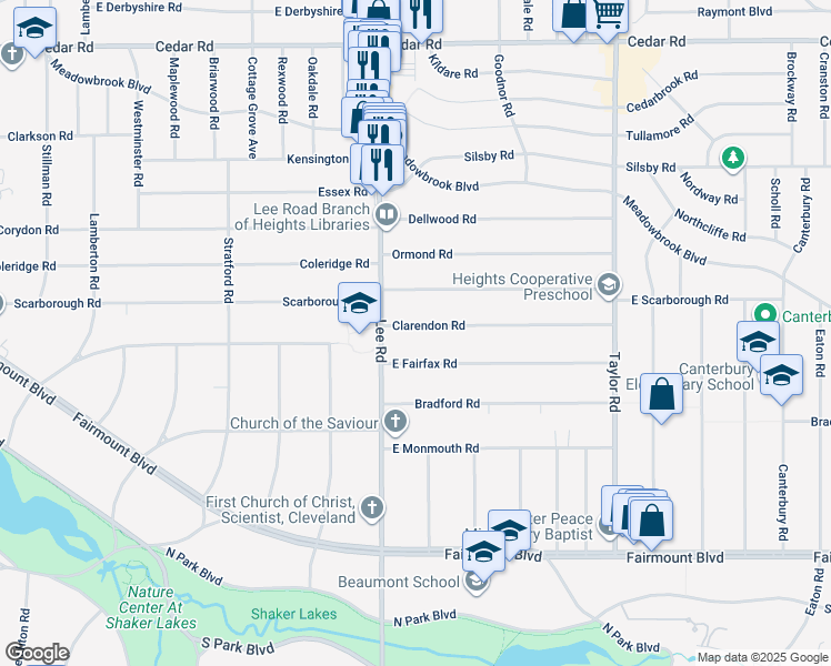 map of restaurants, bars, coffee shops, grocery stores, and more near 3226 Clarendon Road in Cleveland Heights
