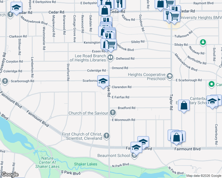 map of restaurants, bars, coffee shops, grocery stores, and more near 3150 Fairfax Road in Cleveland Heights