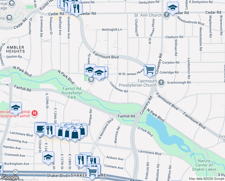 map of restaurants, bars, coffee shops, grocery stores, and more near 2438 Woodmere Drive in Cleveland