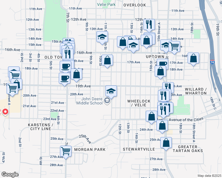 map of restaurants, bars, coffee shops, grocery stores, and more near 1906 10th Street in Moline