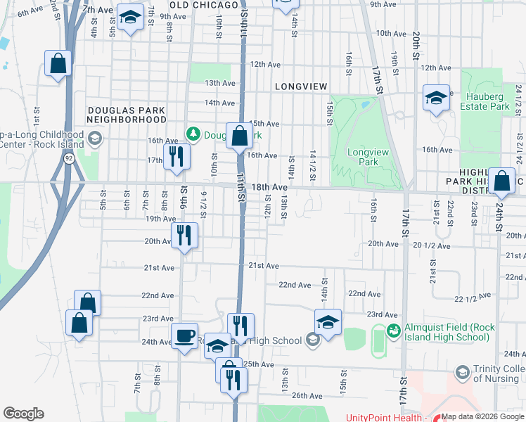 map of restaurants, bars, coffee shops, grocery stores, and more near 1111 19th Avenue in Rock Island