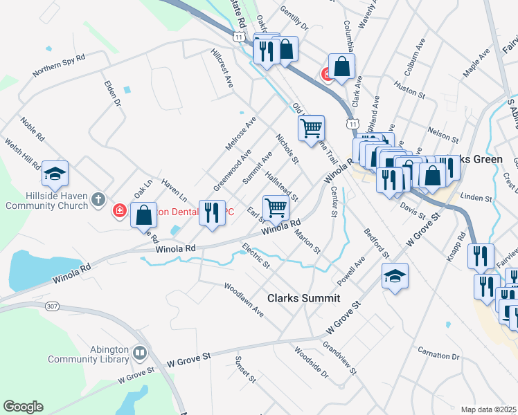 map of restaurants, bars, coffee shops, grocery stores, and more near 437 Sheridan Avenue in Clarks Summit