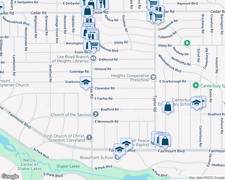 map of restaurants, bars, coffee shops, grocery stores, and more near 3268 Clarendon Road in Cleveland Heights