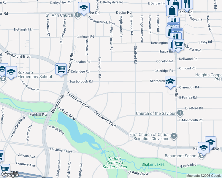 map of restaurants, bars, coffee shops, grocery stores, and more near 2929 Fairfax Road in Cleveland Heights