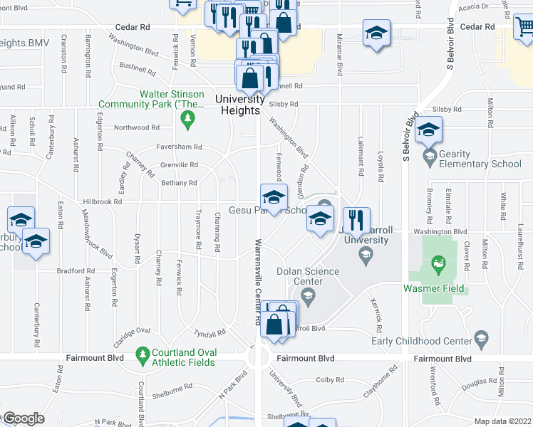 map of restaurants, bars, coffee shops, grocery stores, and more near 2451 Warrensville Center Road in University Heights