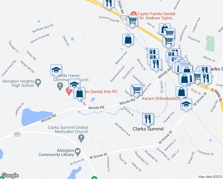 map of restaurants, bars, coffee shops, grocery stores, and more near 520 Summit Avenue in Clarks Summit