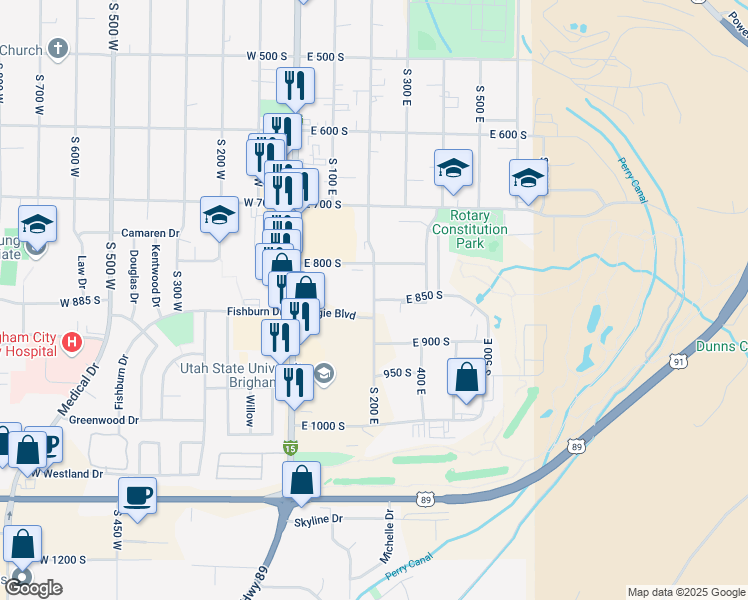 map of restaurants, bars, coffee shops, grocery stores, and more near 200 East 850 South in Brigham City