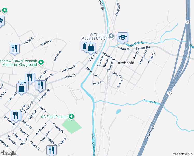 map of restaurants, bars, coffee shops, grocery stores, and more near 143 Monroe Street in Archbald