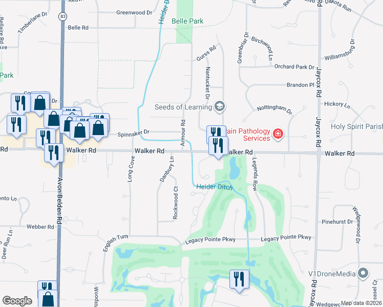 map of restaurants, bars, coffee shops, grocery stores, and more near 522 Vintage Point in Avon Lake