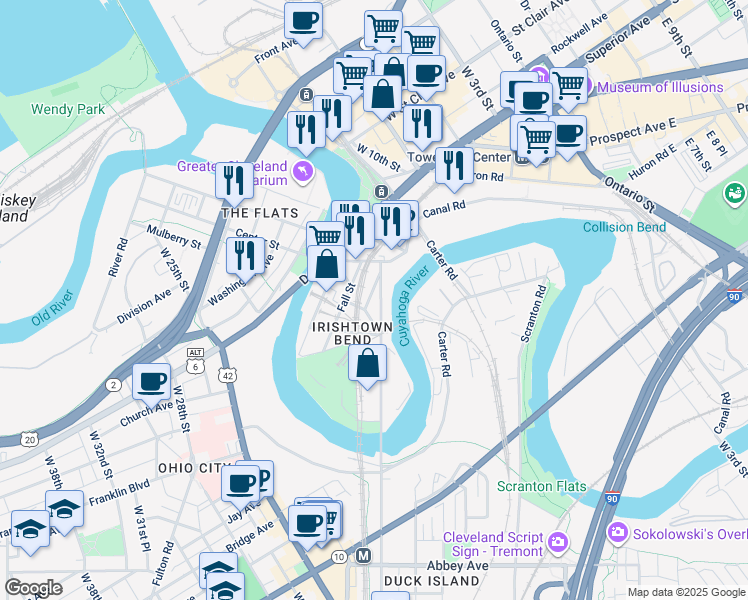 map of restaurants, bars, coffee shops, grocery stores, and more near 1720 Columbus Rd in Cleveland