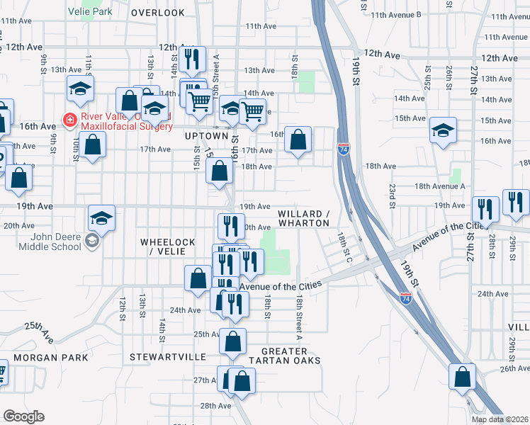 map of restaurants, bars, coffee shops, grocery stores, and more near 1654 19th Avenue in Moline