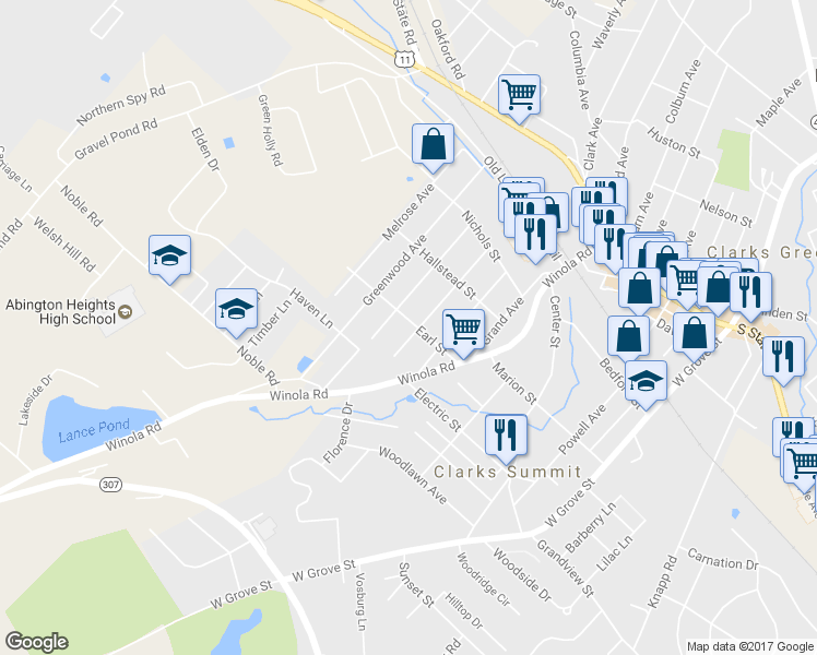 map of restaurants, bars, coffee shops, grocery stores, and more near 502 Sheridan Avenue in Clarks Summit