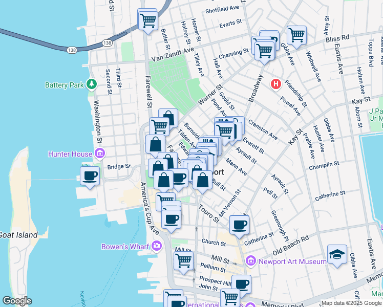 map of restaurants, bars, coffee shops, grocery stores, and more near 24 Tilden Avenue in Newport