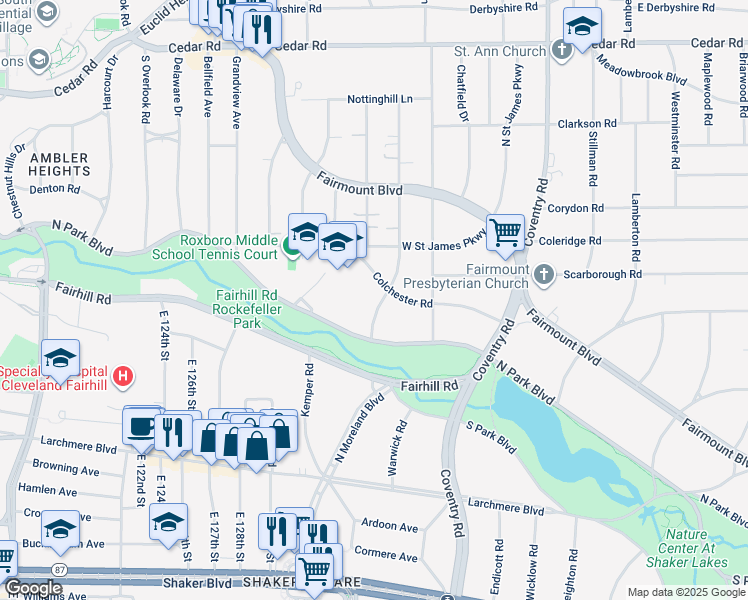 map of restaurants, bars, coffee shops, grocery stores, and more near 2444 Woodmere Drive in Cleveland Heights