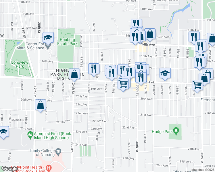 map of restaurants, bars, coffee shops, grocery stores, and more near 1811 27th Street in Rock Island