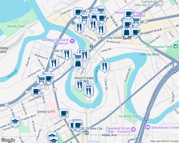 map of restaurants, bars, coffee shops, grocery stores, and more near 1720 Columbus Rd in Cleveland