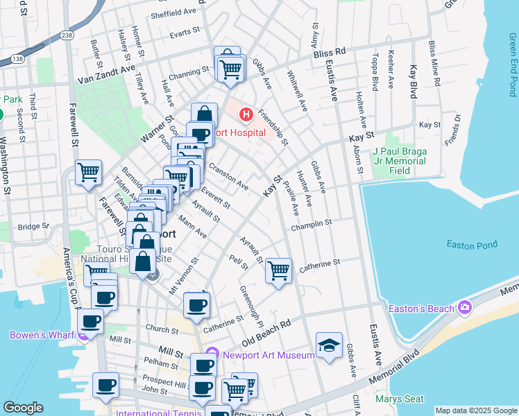 map of restaurants, bars, coffee shops, grocery stores, and more near 71 Kay Street in Newport